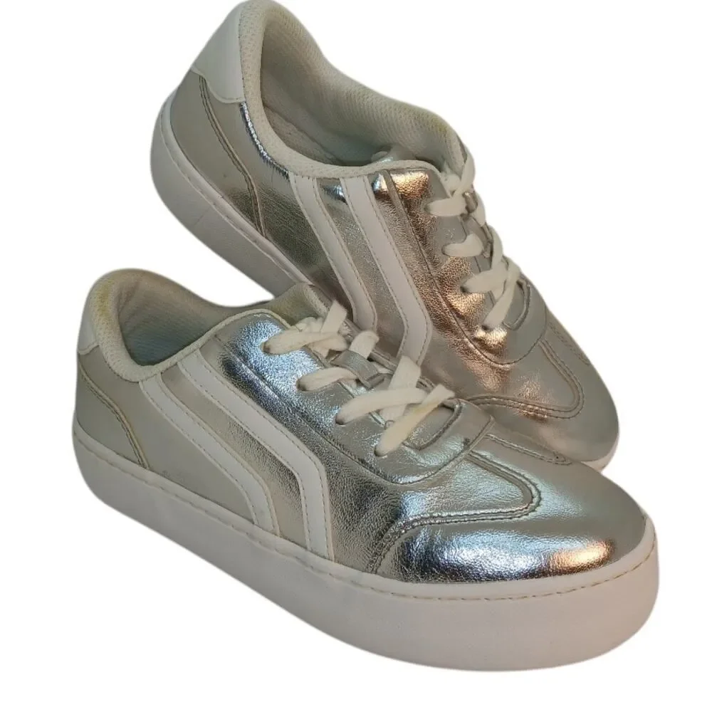 CAT & JACK Girls Metallic Silver & White Casual Sneakers - Size: 2
